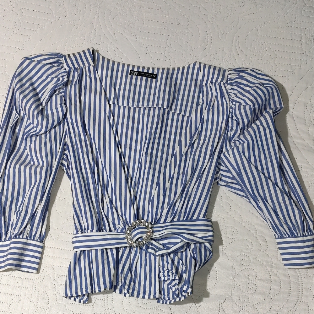 Zara Blue and White Striped Puff-Sleeve Wrap Blouse